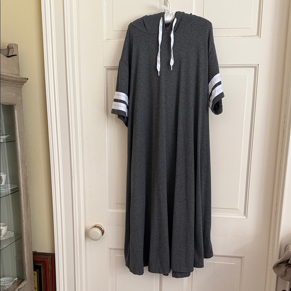 Gray Hooded Maxi Dress with White Stripes